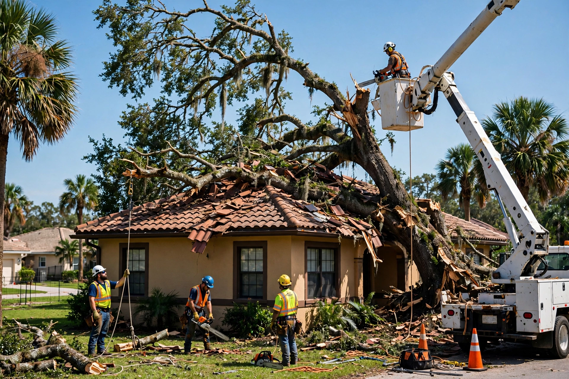 Storm-damaged live oak being removed by a tree crew in Dunedin, FL