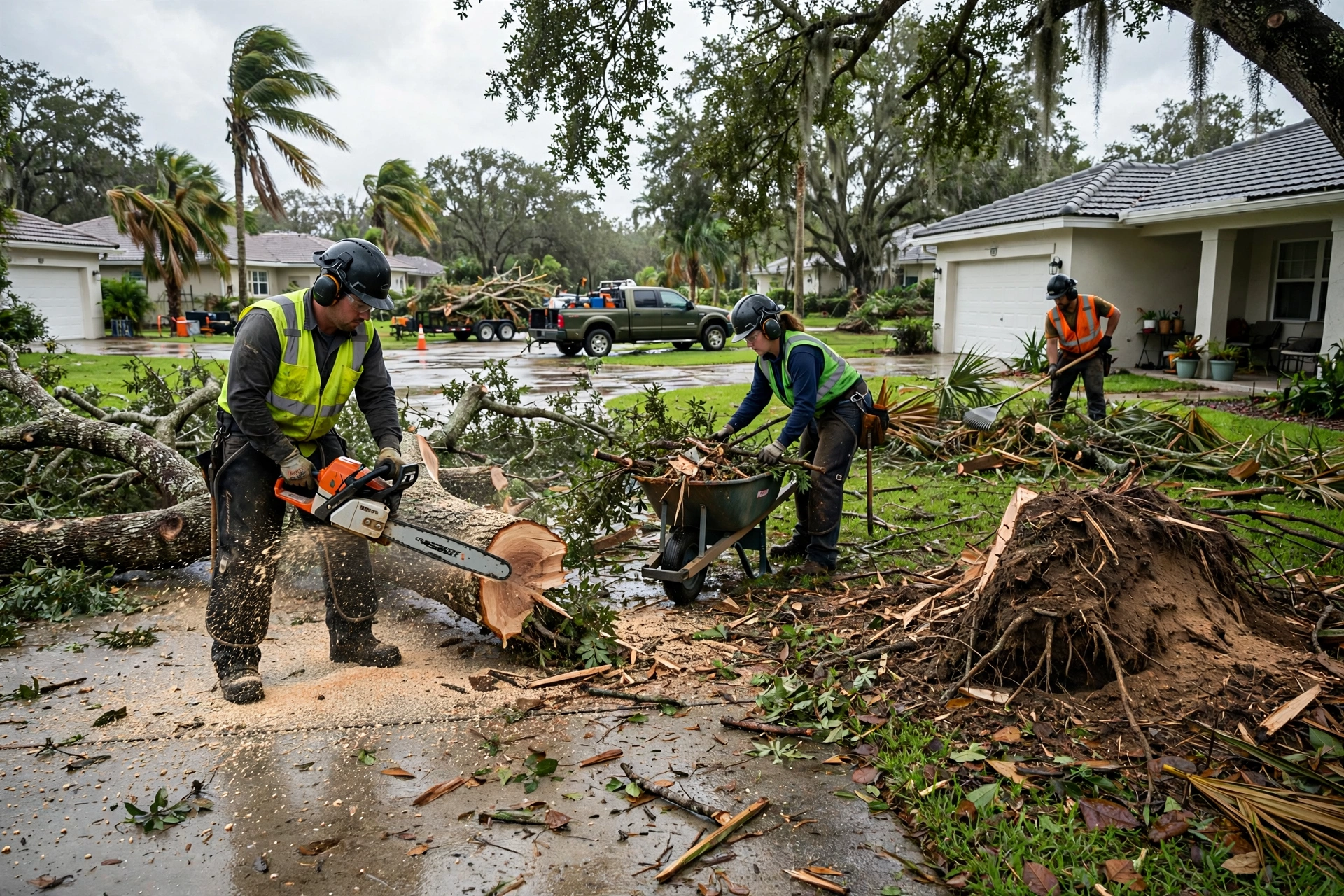 Tree crew cutting storm-felled trees on an overgrown lot in Dunedin, FL