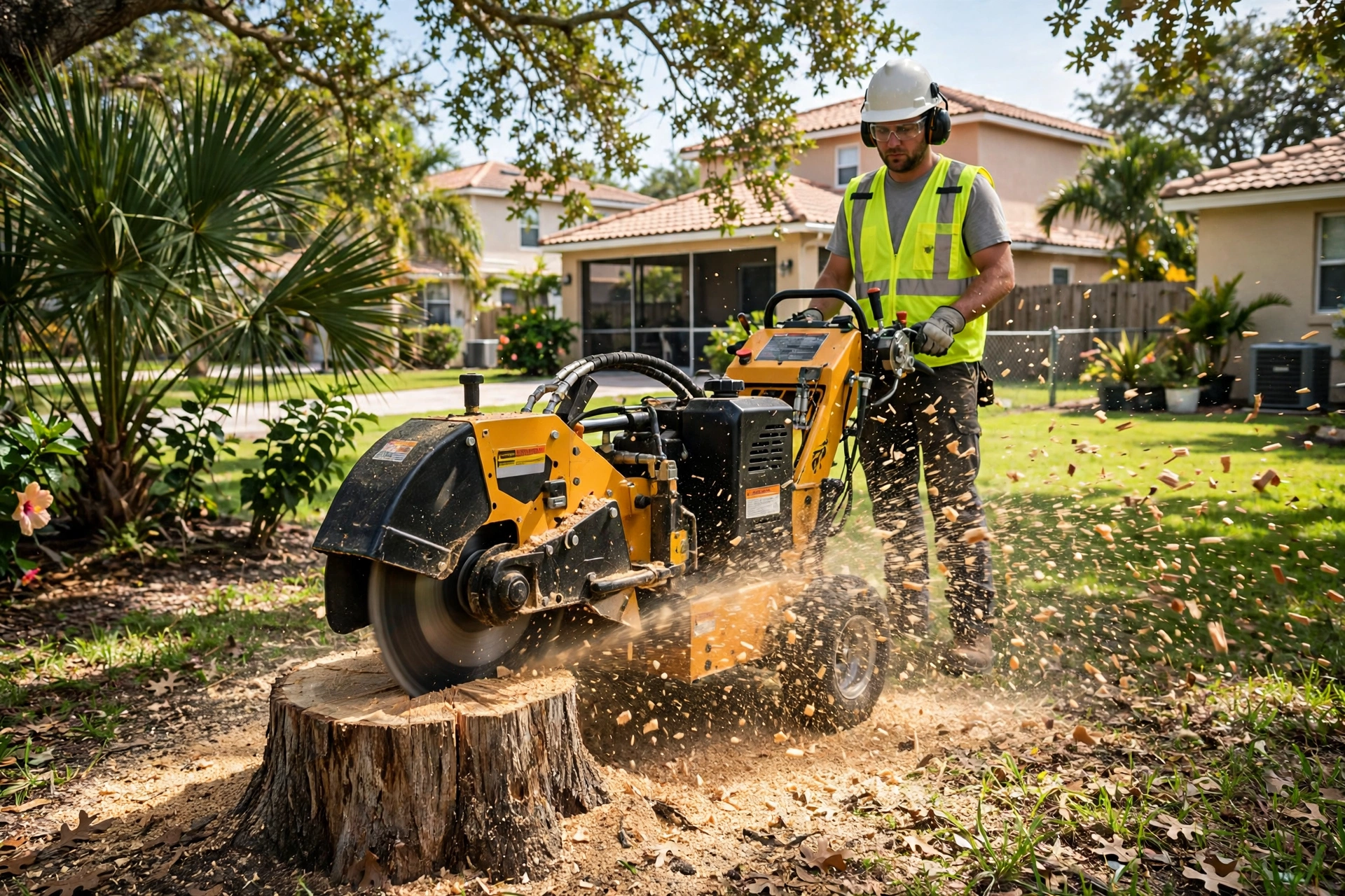 Stump grinder removing an oak stump in a Dunedin, FL yard